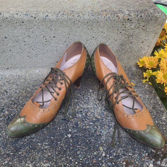 John Fleuvog Leather Lace ups Heels Size 8.5 Vintage Green and Brown Shoes - Picture 2 of 12